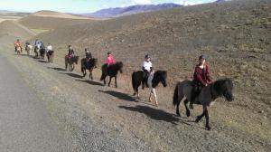 um grupo de pessoas andando a cavalo por uma estrada de terra em Guesthouse Gimbur em Reykjarholl