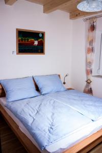 a bed with blue sheets in a room at Ferienwohnung Kagerer in Gutau