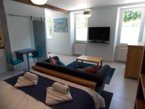 a living room with a couch and a tv at Chez Jousseaume Chambre d'Hôtes et Gites in Saint-Ciers-Champagne