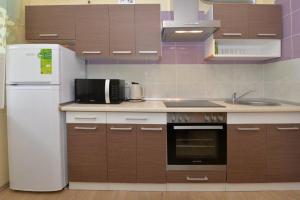 a kitchen with a refrigerator and a microwave at Kristinos Apartment in Druskininkai