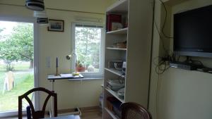 a living room with a tv and a window at Künstlerhäuschen in Oberwesel