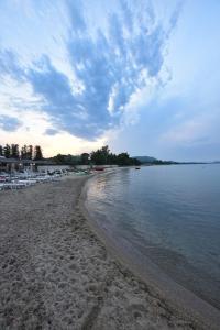 a sandy beach with chairs and the water at Haus Platanos Apartments & Bungalows by the Sea in Vourvourou