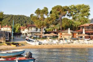 two boats sitting on the shore of a beach at Haus Platanos Apartments & Bungalows by the Sea in Vourvourou
