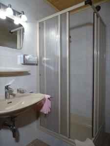 bagno con doccia e lavandino di Gasthof Geierwallihof a Vent