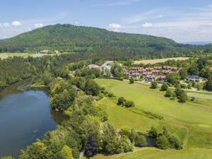 eine Luftansicht auf einen Golfplatz und einen See in der Unterkunft Feriendorf Glasgarten in Rötz