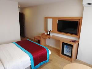 a hotel room with a bed and a flat screen tv at BURSA ŞAHiN HOTEL in Bursa