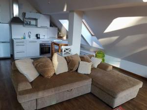uma sala de estar com um sofá e uma cozinha em Nidos Horizontas em Neringa