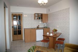 a kitchen with a counter and a table with chairs at Egliu Slenis in Juodkrantė