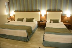 アダナにあるAdana Plaza Hotelのベッド2台とデスクが備わるホテルルームです。