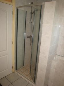 a shower with a glass door in a bathroom at Vakantiepark de Bronzen Eik in Sellingen +34 photos