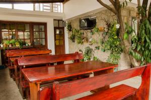 a restaurant with wooden benches and plants on the wall at Дом Колеви in Chernomorets
