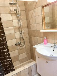 ein Bad mit einer Dusche und einem Waschbecken in der Unterkunft Mersina Apartments in Kerion