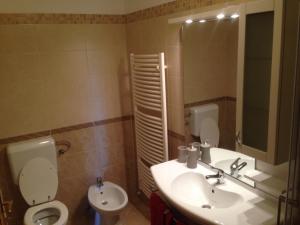 uma casa de banho com um lavatório, um WC e um espelho. em Apartma Valmarin em Spodnje Škofije