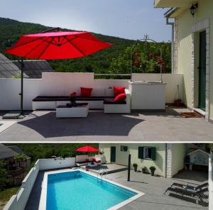 a patio with a pool and a red umbrella at House Lucia in Brštanovo +27 photos