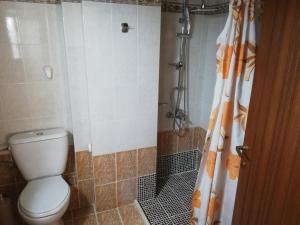 a bathroom with a toilet and a shower at Giannis & Foteini in Afitos