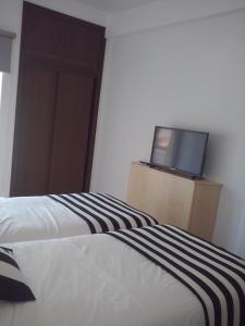 a bedroom with two beds and a flat screen tv at Nas Palhas Deitado in Fátima