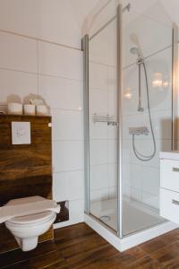 a bathroom with a glass shower with a toilet at Hotel Kanz in Egg am Faaker See