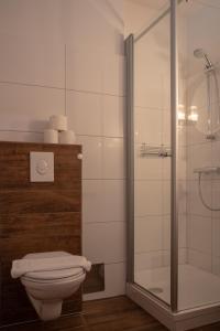 a bathroom with a toilet and a glass shower at Hotel Kanz in Egg am Faaker See