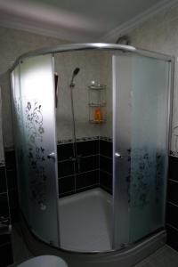 a shower with a glass door in a bathroom at Gumul pansiyon in Uzungöl +52 photos