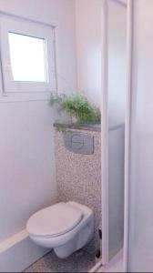 uma casa de banho com um WC branco e uma janela em Flugumýri 2 em Varmahlid