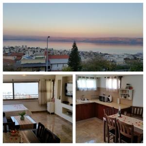 two pictures of a kitchen and a living room with a view at Tiberias Vacation Rental in Tiberias