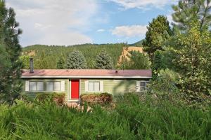 una casa verde con una puerta roja en el bosque en Huckleberry Cabin en Dryden