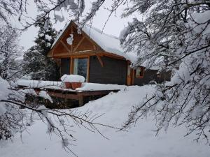 a cabin covered in snow in front of it at Cabañas & Lofts Las Terrazas in Villa Pehuenia