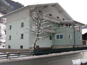 Una casa blanca con un árbol delante. en Ferienwohnung Wohlfarter, en Jerzens