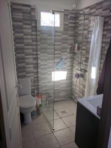 a bathroom with a toilet and a glass shower at Le Mas de la Tortue (Plain Pied) in Caromb