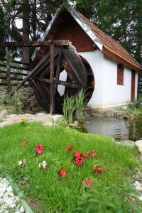 a large wooden wheel next to a house and flowers at Pensiunea Deceneu in Slănic