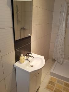 a bathroom with a sink and a mirror and a tub at Apartments Mara in Novi Vinodolski