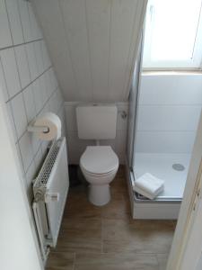 uma pequena casa de banho com WC e chuveiro em Ferienwohnung Stanke em Büdelsdorf