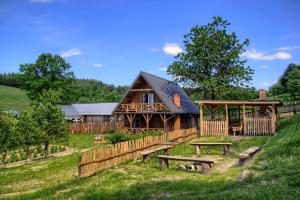 a log cabin with picnic tables in front of it at DoliAnna in Krasnobród