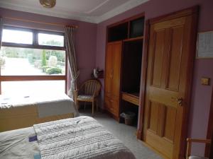 a bedroom with purple walls and a bed and a window at Shelmalier House in Athlone