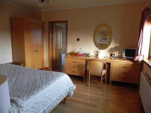 a bedroom with a bed and a desk with a mirror at Shelmalier House in Athlone
