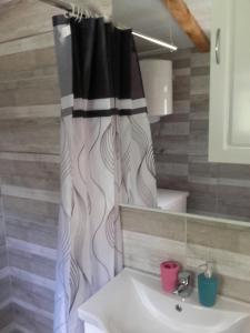 a bathroom with a shower curtain and a sink at Apartment Marija in Kotor