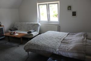 a bedroom with a bed and a chair and a table at R&G APARTMENT in Žirovnica