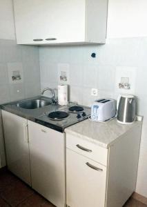 una pequeña cocina con fogones y fregadero en Apartments Anamaria en Dubrovnik