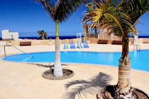 una piscina con 2 palmeras en un complejo en Beautiful Ocean View Apartment, en Porís de Abona