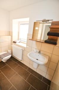 ein Bad mit einem Waschbecken und einem WC in der Unterkunft Pension LPG-Hof in Großpösna