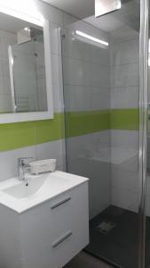 a bathroom with a sink and a shower at Le Bananier in Saint-Fort-sur-Gironde