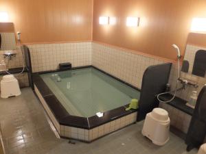 a bathroom with a large tub in a bathroom with a toilet at Hotel Famitic Nikko Station in Nikko