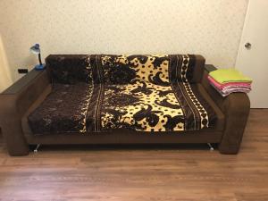 モスクワにあるApartment G-Kvartal Aeraportの茶色のソファーに白黒の毛布