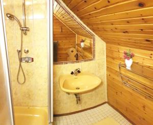 a bathroom with a sink and a shower at Almhütte Kristabauer in Predlitz +48 photos