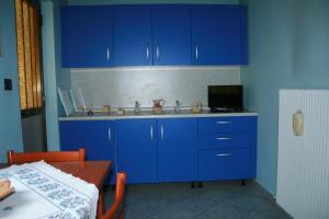a blue kitchen with a sink and blue cabinets at Casetta Alex Desiree in Pontebba