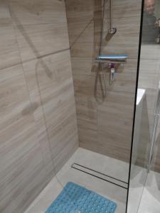 y baño con ducha y alfombrilla de ducha azul. en Leśna 5E, en Sztutowo