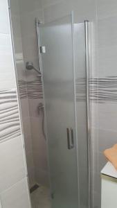 W łazience znajduje się prysznic ze szklanymi drzwiami. w obiekcie Apartments Venerea w Nin