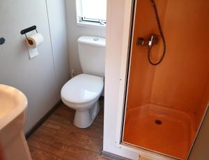 uma casa de banho com um WC e um chuveiro em Domki holenderskie ,, Latający Holender" em Dębki
