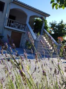 une maison avec des escaliers et des fleurs devant elle dans l'établissement Maslina Apartment, à Jadrtovac