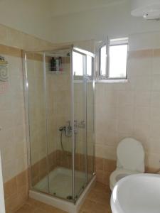 a bathroom with a glass shower with a toilet at Studios Theodore in Kalamata